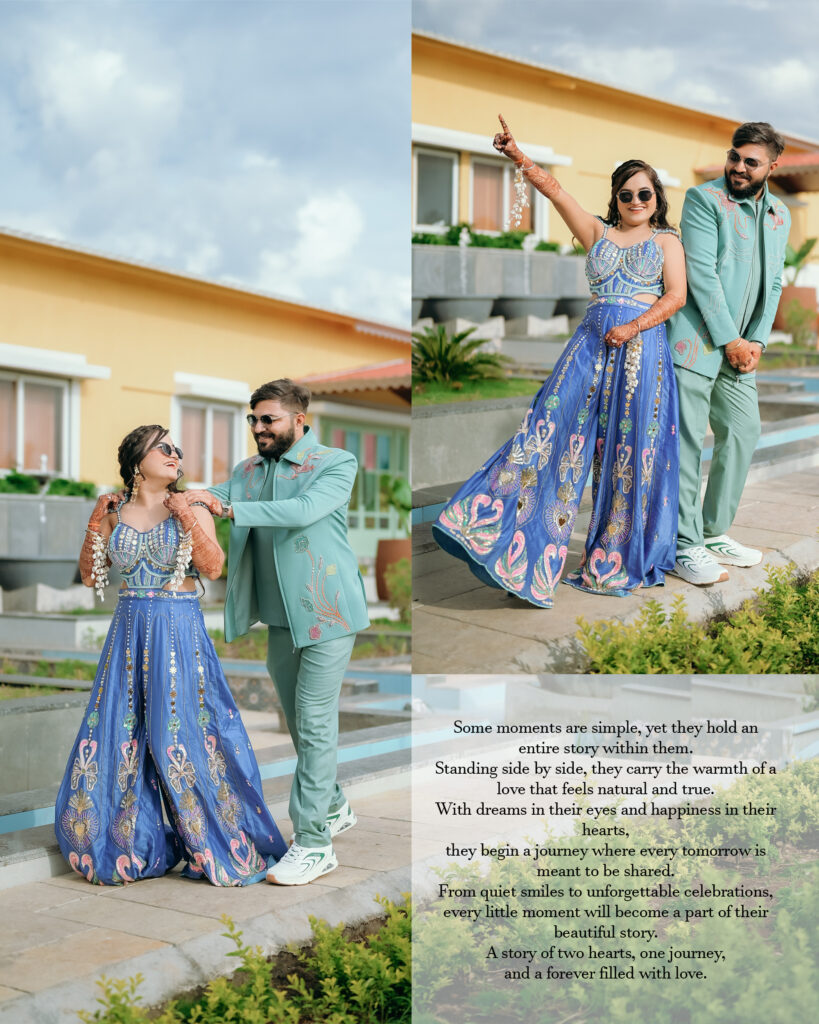 Couple laughing and posing playfully on resort steps, candid wedding photography at Chitra’s City Side Resort