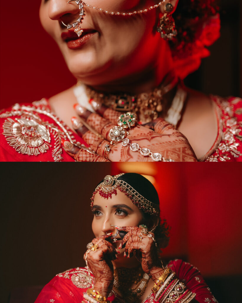 Bridal jewellery details of nath, choker and mehendi hands with a bride portrait, wedding photography in Lonavala