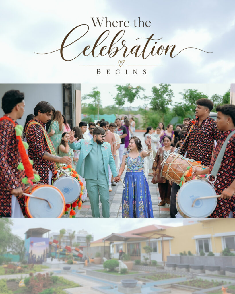 Couple walking hand in hand between dhol players and cheering guests at Chitra’s City Side Resort, Solapur