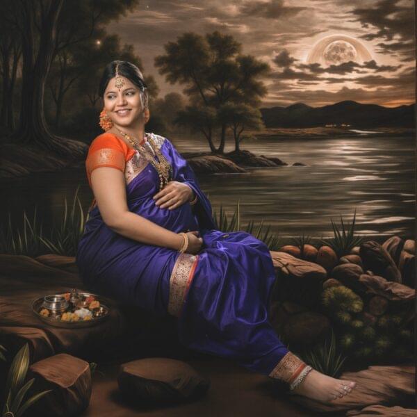 Maternity photoshoot in Solapur with elegant sitting pose for expecting mother